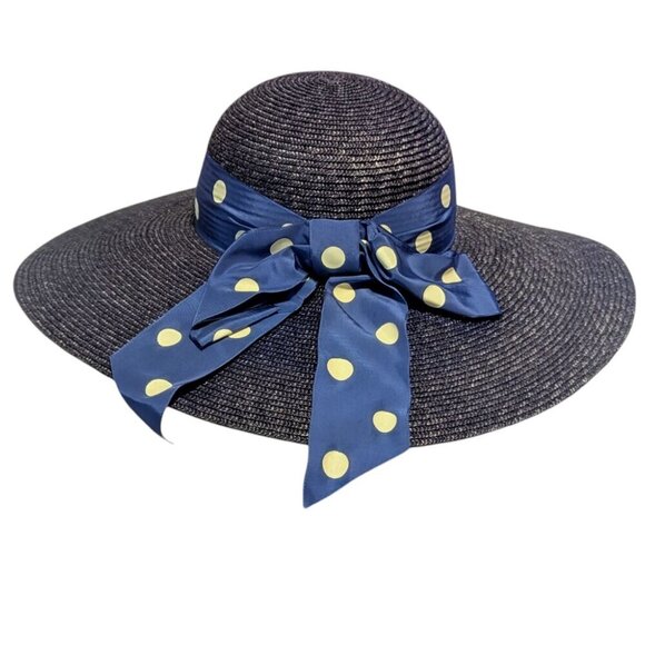 Vintage Betmar Hat Straw Wide Brim Polka Dot Bow Derby Church Easter Prep Girly - Picture 1 of 7